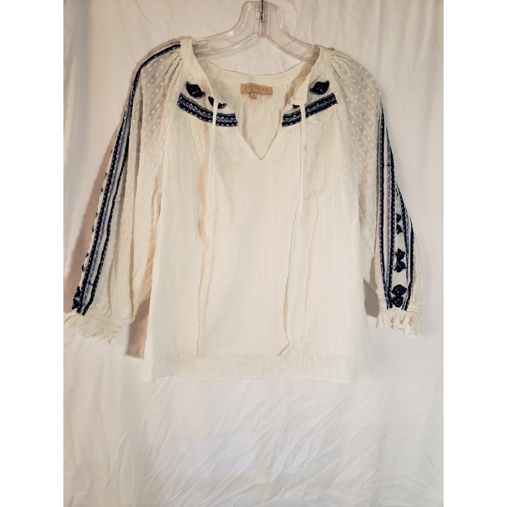 Women's Farmers Market White Swiss Dot Long Sleeve Embroidered Boho Top Size M